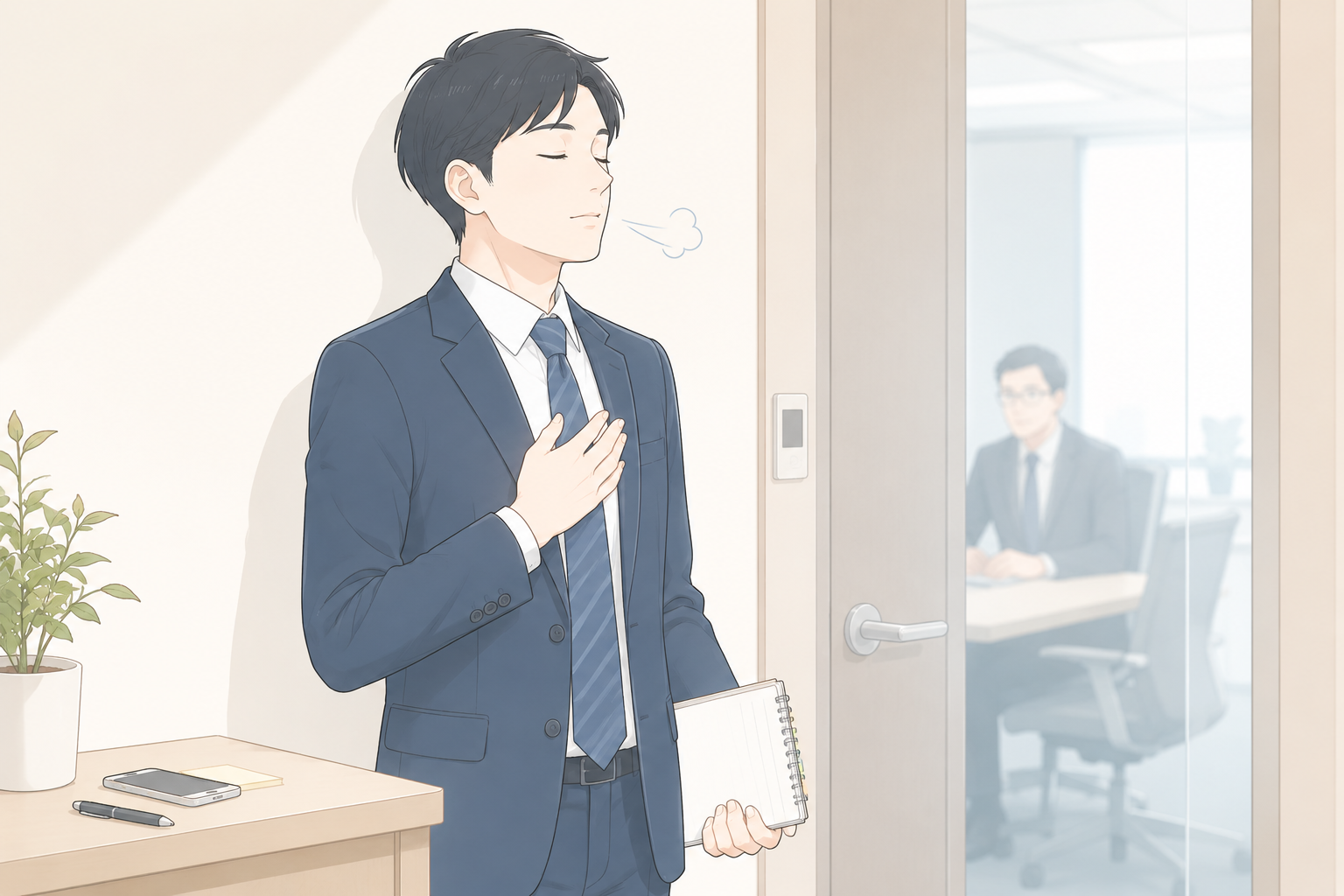 退職を言えず上司の部屋の前で深呼吸する会社員のイラスト